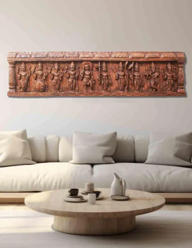 VINOXO Lord Vishnu Dashavatar Wooden Carved Wall Sculpture - Teak Wood