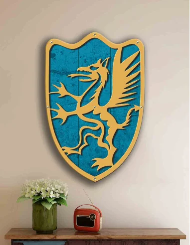 VINOXO Mid Century Modern Shield Wall Art Decor - Antique Blue Golden Dragon
