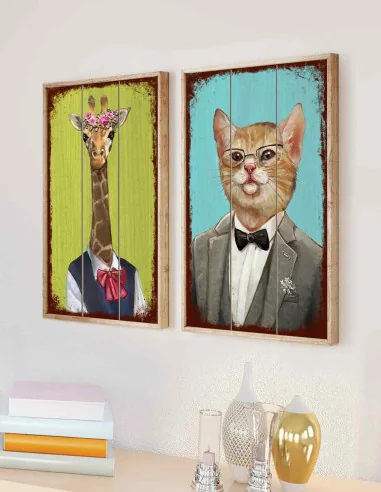 VINOXO Cute Wall Art Painting - Giraffe Cat Set of 2