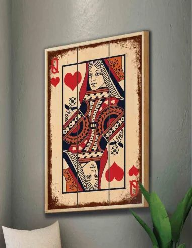 VINOXO Red Hearts Queen Card Wooden Framed Wall Painting