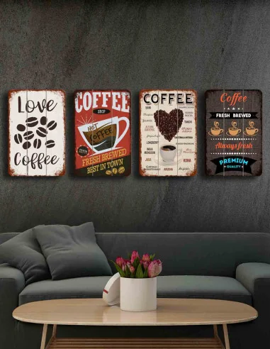 VINOXO Wooden Cafe Wall Art Decorations - Set of 4 - Coffee Collection