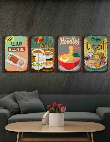 VINOXO Wooden Restaurant Wall Art Decorations - Set of 4