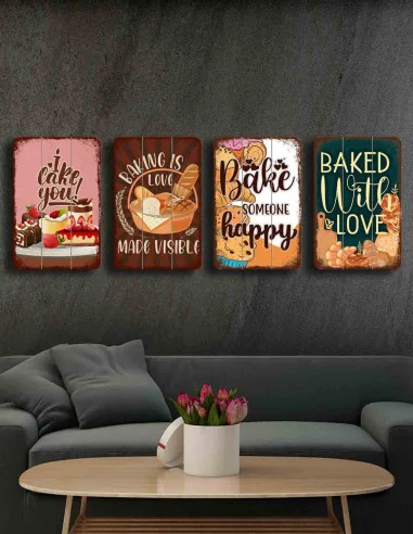 VINOXO Wooden Cafe Wall Art Decorations - Set of 4 - Bakery Collection