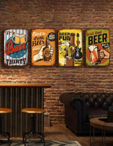 VINOXO Wooden Bar Pub Wall Art Decorations - Set of 4 - Beer Collection