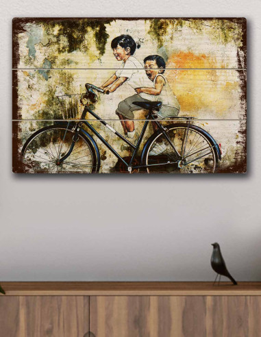 VINOXO Vintage Abstract Wall Art Decor Plaque - Kids on a Bicycle Graffiti