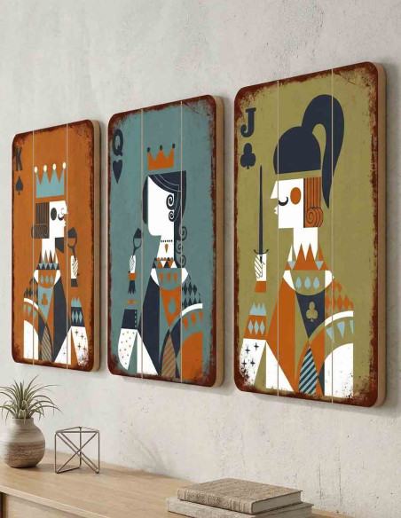 King Queen Jack wooden wall art set of 3 modern panels for home decor