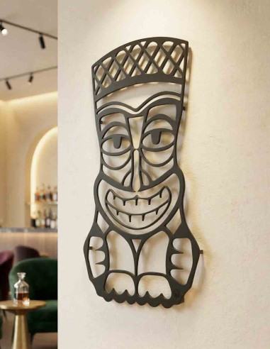 Masculine metal mask wall art in Black on a long hallway wall
