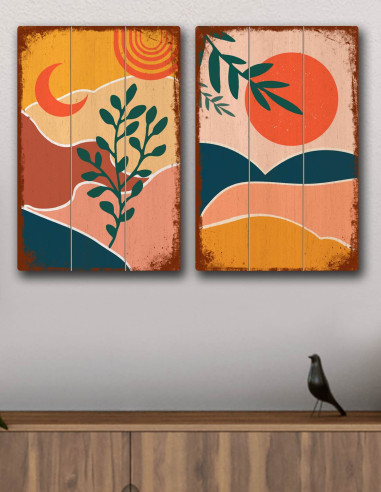 VINOXO Vintage Boho Wall Art Decor Plaque - Nature - Landscape - Set of 2