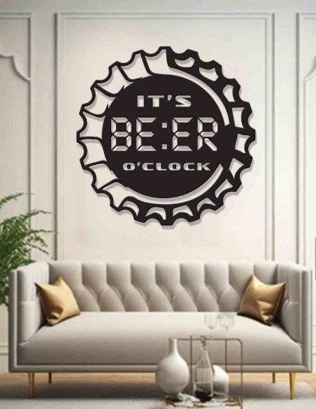 Close view of the It's Beer O'Clock bottle cap metal wall art sign