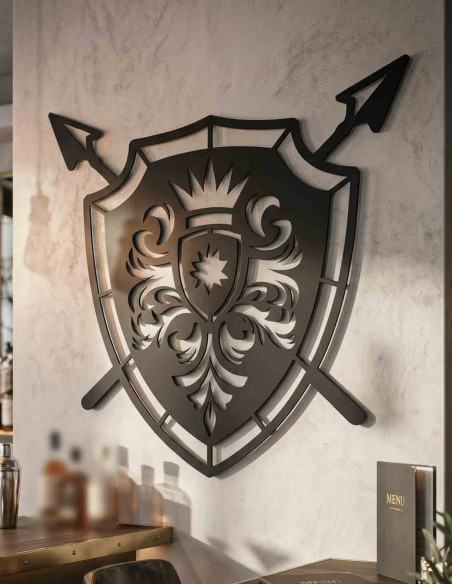 VINOXO large metal wall art with warrior shield and spear motif, full view
