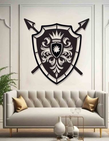 Warrior shield and spear metal wall decor, close view of shield emblem