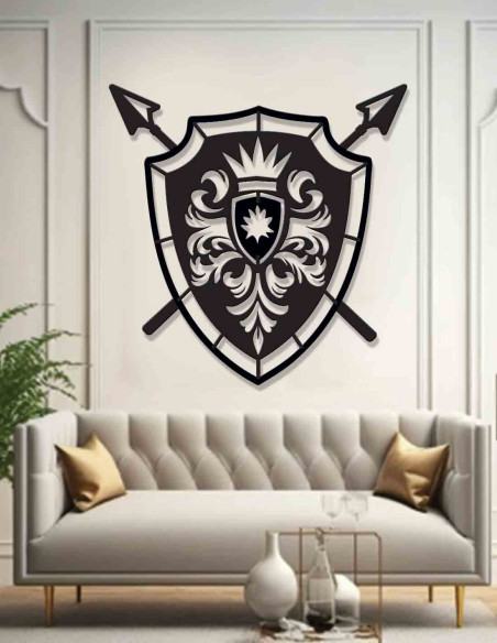 Warrior shield and spear metal wall decor, close view of shield emblem Warrior shield and spear metal wall decor, close view of shield emblem