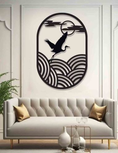 Rising sun and crane metal wall art detail with stylised ocean waves