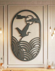 VINOXO Japanese crane and rising sun large metal wall art in living room