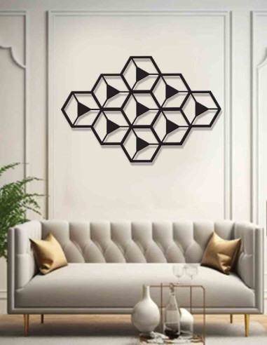 Modern minimalist interior with VINOXO hexagon geometric metal wall art as focal point