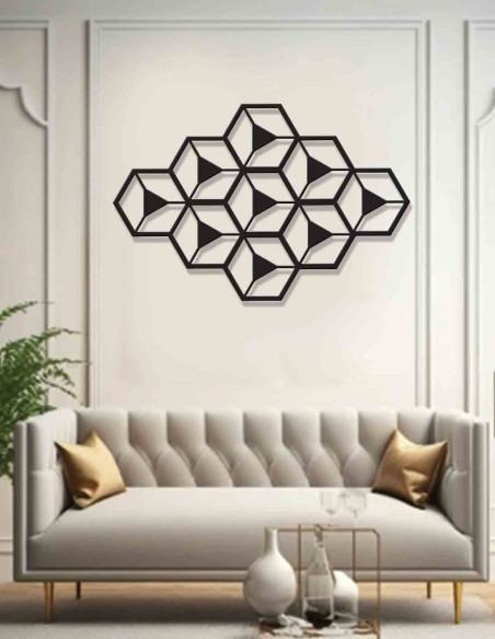 Modern minimalist interior with VINOXO hexagon geometric metal wall art as focal point Modern minimalist interior with VINOXO hexagon geometric metal wall art as focal point