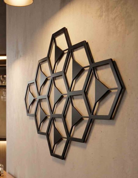 VINOXO hexagon honeycomb geometric metal wall art in matte black on a living room wall