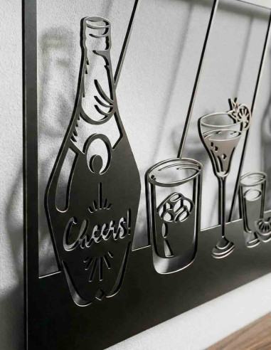 Wine themed metal wall hanging above a home bar cart
