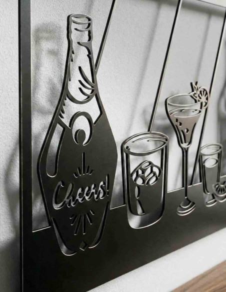 Wine themed metal wall hanging above a home bar cart Wine themed metal wall hanging above a home bar cart