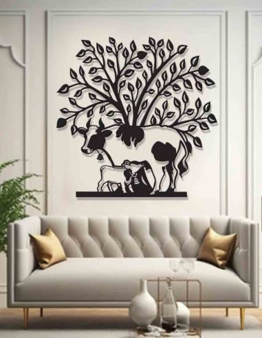 Kamadhenu cow and calf metal wall art shown in full, laser-cut silhouette