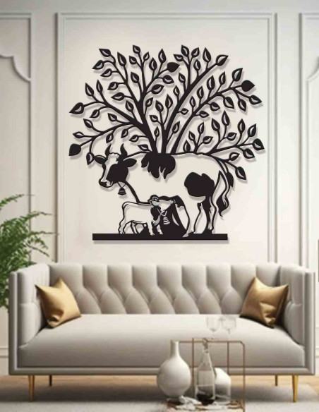 Kamadhenu cow and calf metal wall art shown in full, laser-cut silhouette Kamadhenu cow and calf metal wall art shown in full, laser-cut silhouette