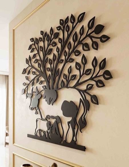 VINOXO Kamadhenu cow and calf metal wall art with Tree of Life, main view