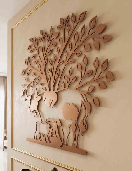 Tree of Life metal wall art detail showing cow, calf and leaf canopy