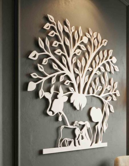 VINOXO Kamadhenu cow and calf wall art beside a console cabinet