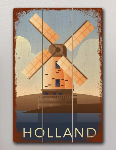VINOXO Vintage Framed Wall Art Decor Plaque - Holland Windmill Poster