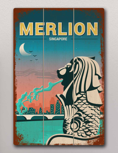 VINOXO Vintage Framed Wall Art Decor Plaque - Merlion Poster - Singapore