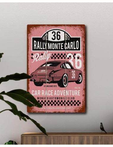 Rally Monte Carlo wooden wall sign displayed above a home bar shelf