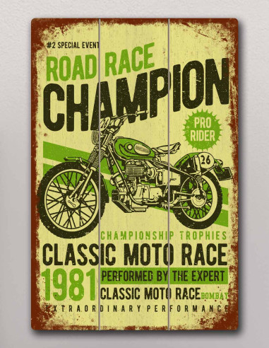 VINOXO Vintage Motor Bike Wall Art Decor Plaque - Road Race Champion - Yellow