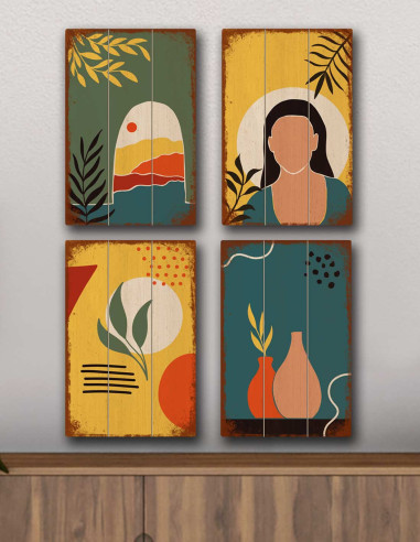 VINOXO Vintage Boho Wall Art Decor Plaque - Nature Set of 4 - Multicolour