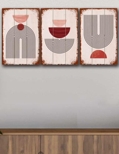 VINOXO Vintage Boho Wall Art Decor Plaque - Abstract Set of 3 - Red