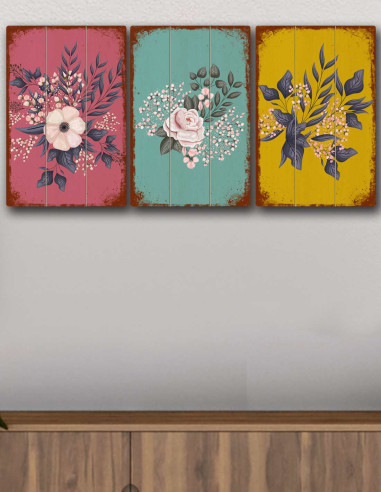 VINOXO Vintage Boho Wall Art Decor Plaque - Beautiful Flowers Set of 3 - Multicolour