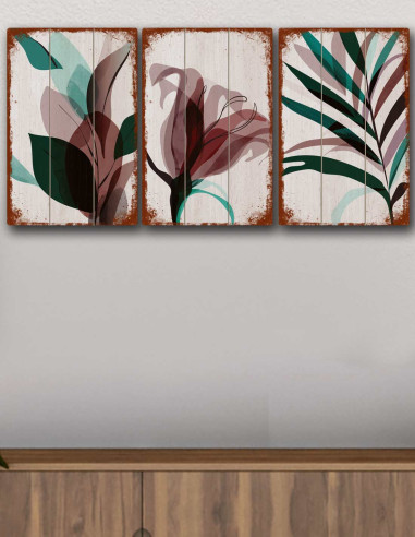 VINOXO Vintage Boho Wall Art Decor Plaque - Autumn Leaves Set of 3 - Brown
