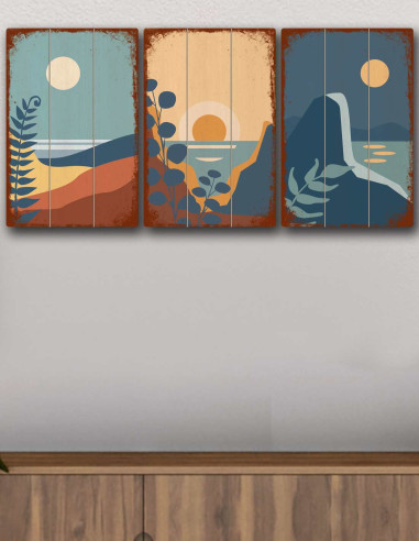VINOXO Vintage Boho Wall Art Decor Plaque - Sunset - Landscape - Set of 3