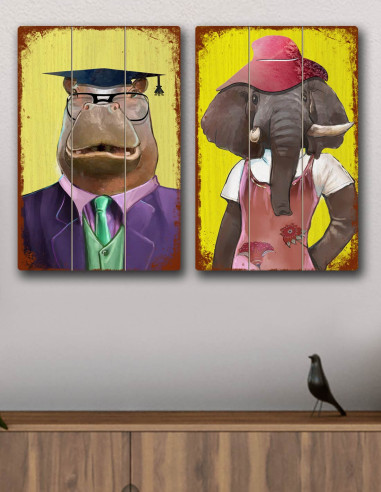 VINOXO Funky Animal Wall Art - Hippo Elephant Set of 2