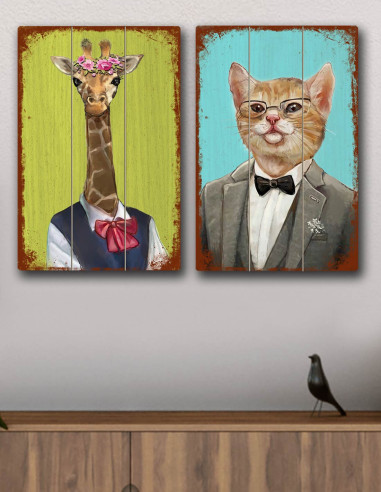 VINOXO Couple Wall Art Decor Plaque - Animals Set of 2 - Giraffe Cat