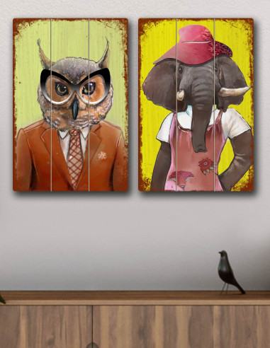 VINOXO Animal Wall Paintings - Owl Elephant Set of 2