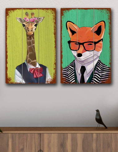 VINOXO Vintage Wall Art Decor Plaque - Animals Set of 2 - Giraffe Fox