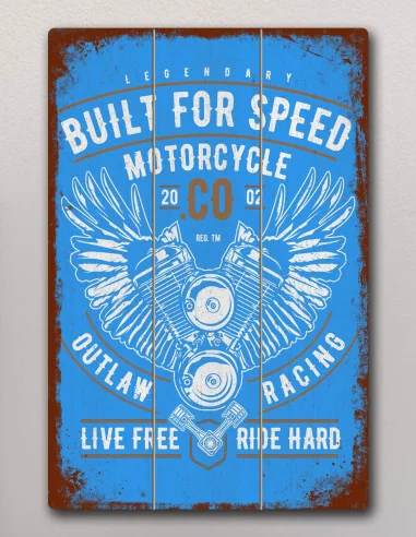 VINOXO Vintage Motor Bike Wall Art Decor Plaque - Built For Speed - Blue
