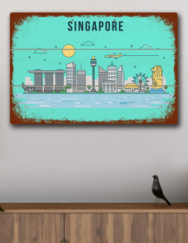 VINOXO Vintage Framed Wall Art Decor Plaque - Singapore Skyline Poster