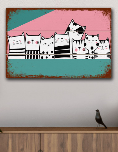 VINOXO Abstract Framed Cute Cat Wall Art Painting - Cartoon Kitten - Teal