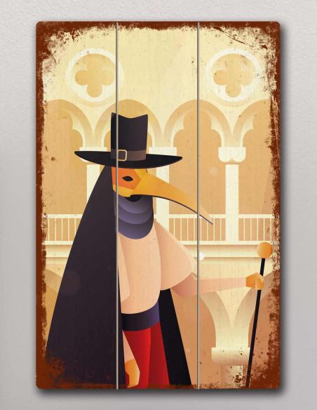 Close view of the wooden frame around the Bird Man wall art