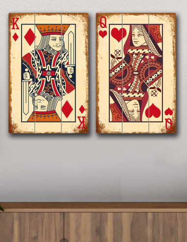 VINOXO Playing Card Wall Art Painting For Bedroom - Red - Diamond King & Hearts Queen - Set Of 2