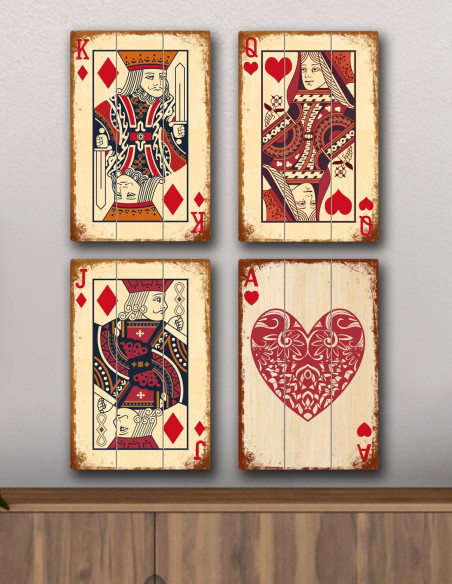 VINOXO Vintage Wall Art Painting Decor - Red King Queen Jack Ace Card - Set  of 4