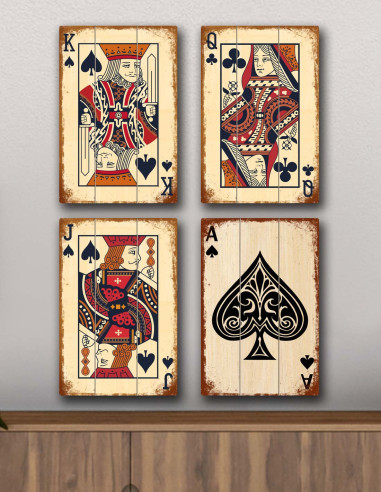 VINOXO Vintage Playing Card Wall Art Decor - Black King Queen Jack Ace - Set of 4