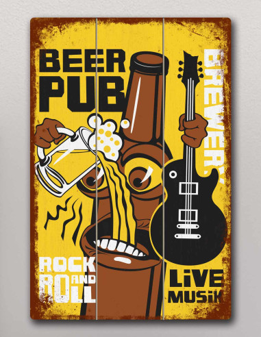 VINOXO Vintage Wooden Bar Wall Art Decor Plaque - Beer Pub Live Music - Yellow