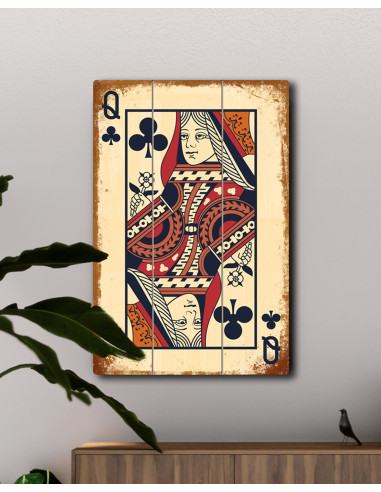 VINOXO Queen of Clubs wooden wall art, flat modern card design
